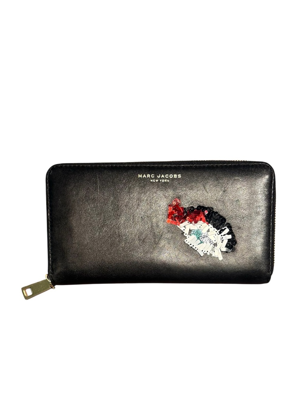 Marc Jacobs The Standard Black Leather Zip Wallet Multicolor Sequin Whale $348